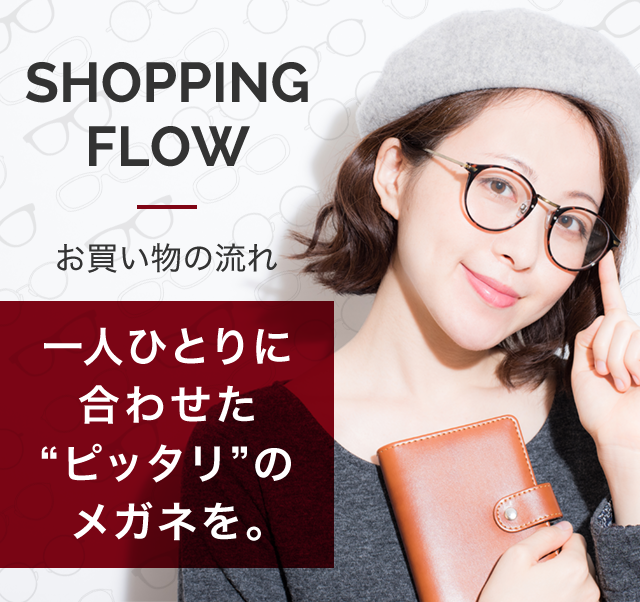 SHOPPING FLOW　お買い物の流れ　一人ひとりに合わせた“ピッタリ”のメガネを。