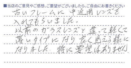 古いフレームに中近用レンズを入れてもらいました